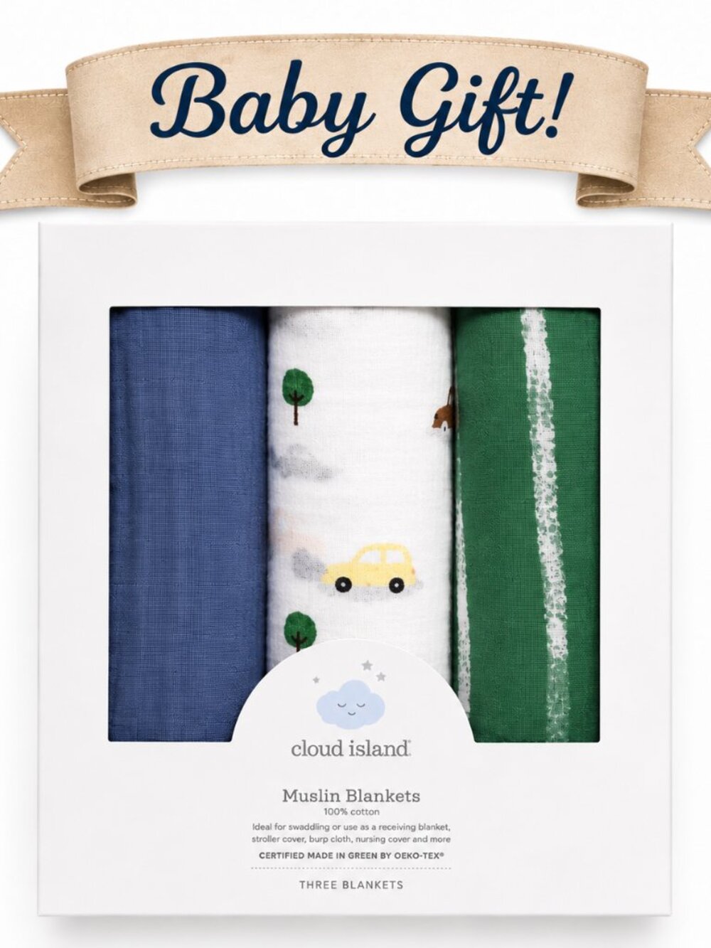 NWT Cloud Island 3-Piece Muslin Swaddle Blanket Set Baby Boy | Baby Shower Gift